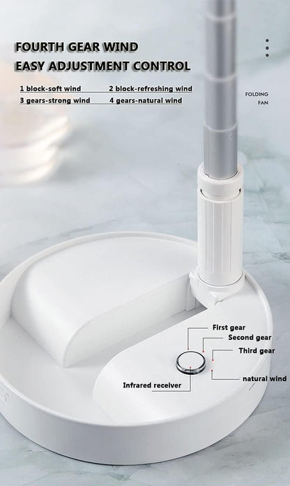 Adjustable Height Telescopic Rechargeable Standing Fan – 4-Speed, Foldable, Wireless (7200mAh Battery)